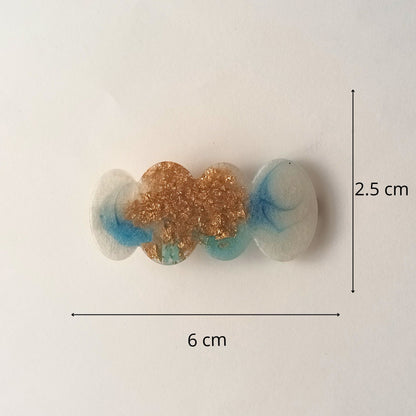 Pince à Cheveux Plate Résine Époxy Luxe - Blanc Nacré Bleu & Feuilles dorées