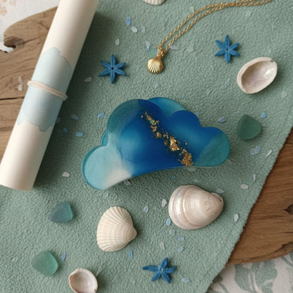 Pince Griffe Ailes d'Ange en Résine Bleu Océan et Feuilles d'Or