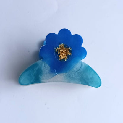 Pince Griffe Fleur en Résine Bleu Océan et Or Scintillant