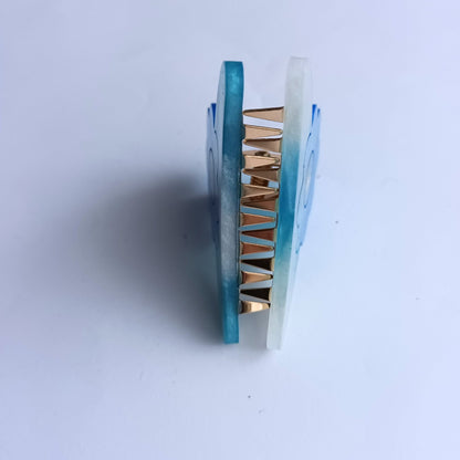 Pince Griffe Fleur en Résine Bleu Océan et Or Scintillant