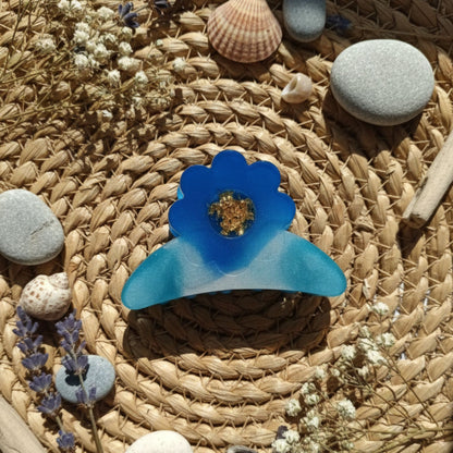 Pince Griffe Fleur en Résine Bleu Océan et Or Scintillant
