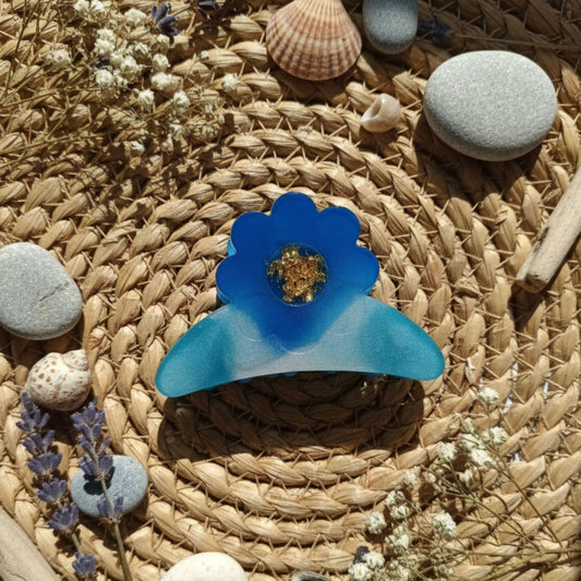 Pince Griffe Fleur en Résine Bleu Océan et Or Scintillant