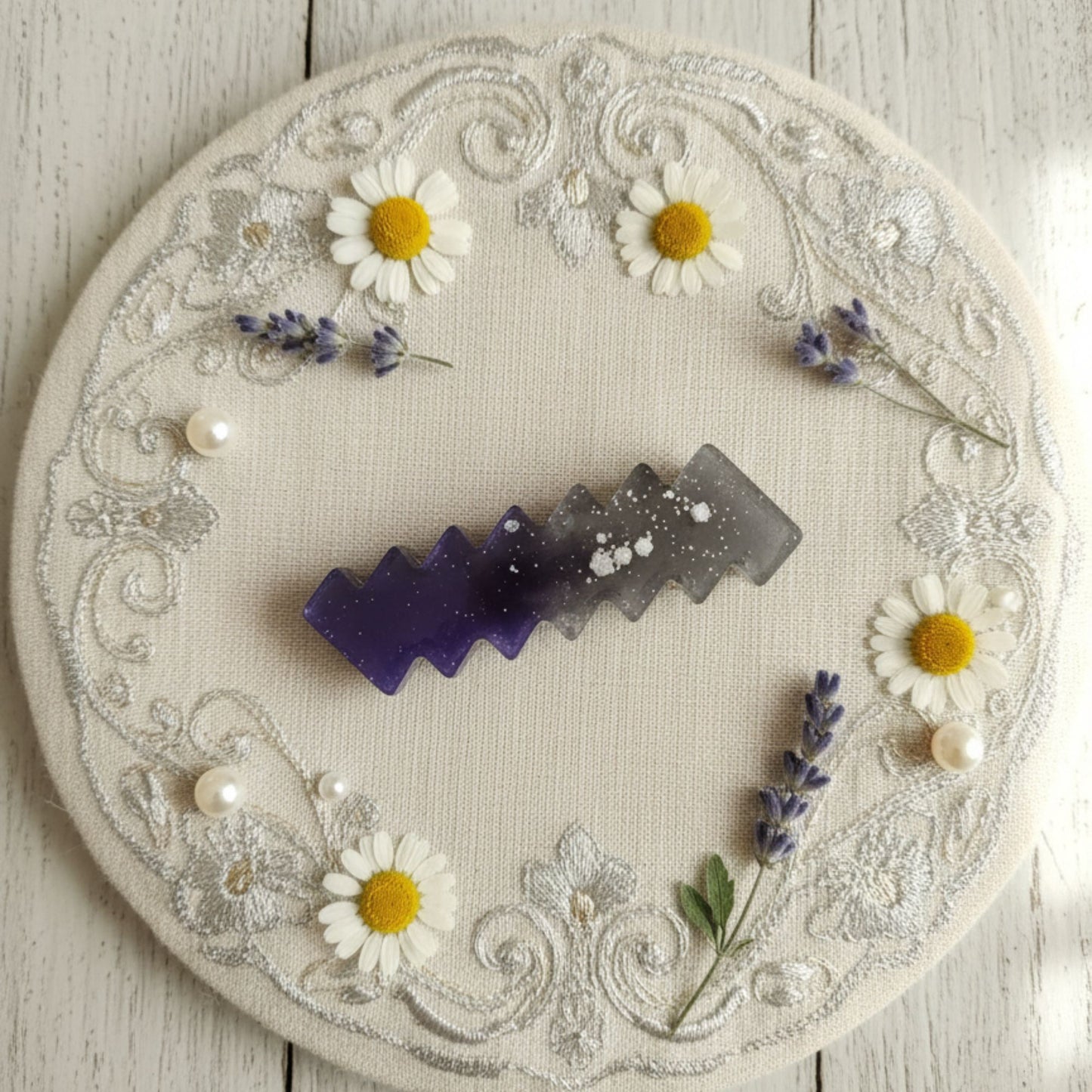 Pince Plate Zig-Zag Bicolore Résine Violet et Gris Étoilé