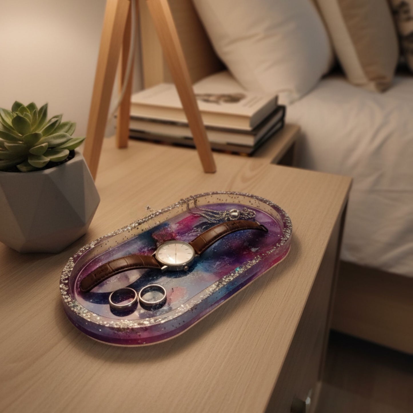 Plateau Vide-Poche Ovale Galaxie en Résine - Violet Bleu Rose Pailleté