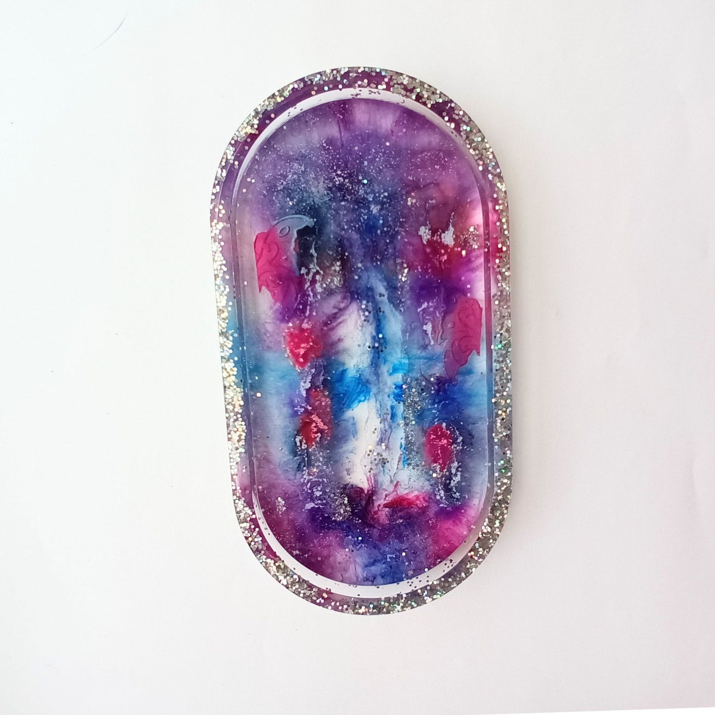 Plateau Vide-Poche Ovale Galaxie en Résine - Violet Bleu Rose Pailleté