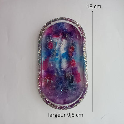 Plateau Vide-Poche Ovale Galaxie en Résine - Violet Bleu Rose Pailleté