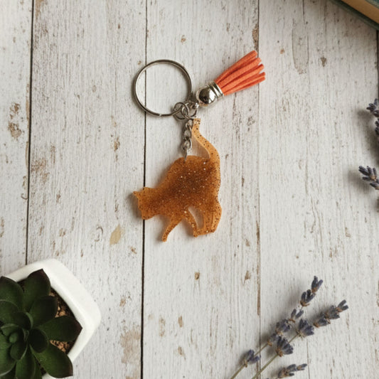 Porte-Clé Chat Silouhette en Résine Caramel Pailletée - Pompom Suédine