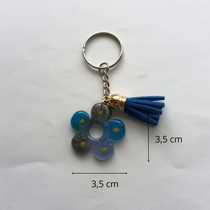 Porte-Clé Fleur Céleste en Résine Bleue et Grise - Pompom Suédine