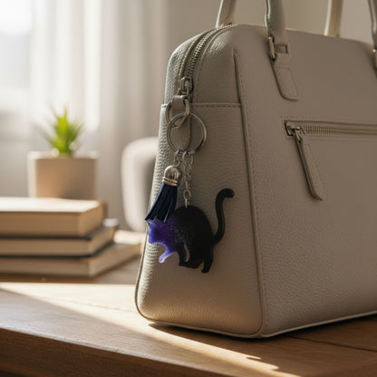 Porte-Clé Chat Noir Pailleté Galaxie Résine - Fait Main Français