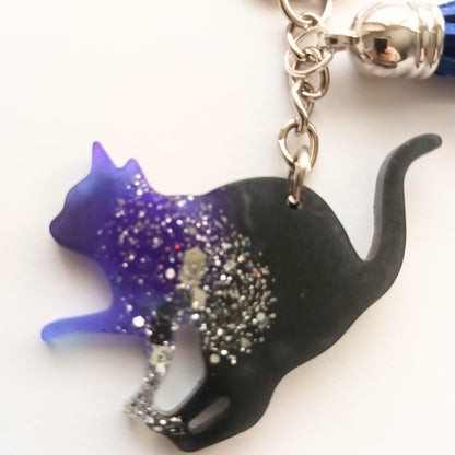 Porte-Clé Chat Noir Pailleté Galaxie Résine - Fait Main Français