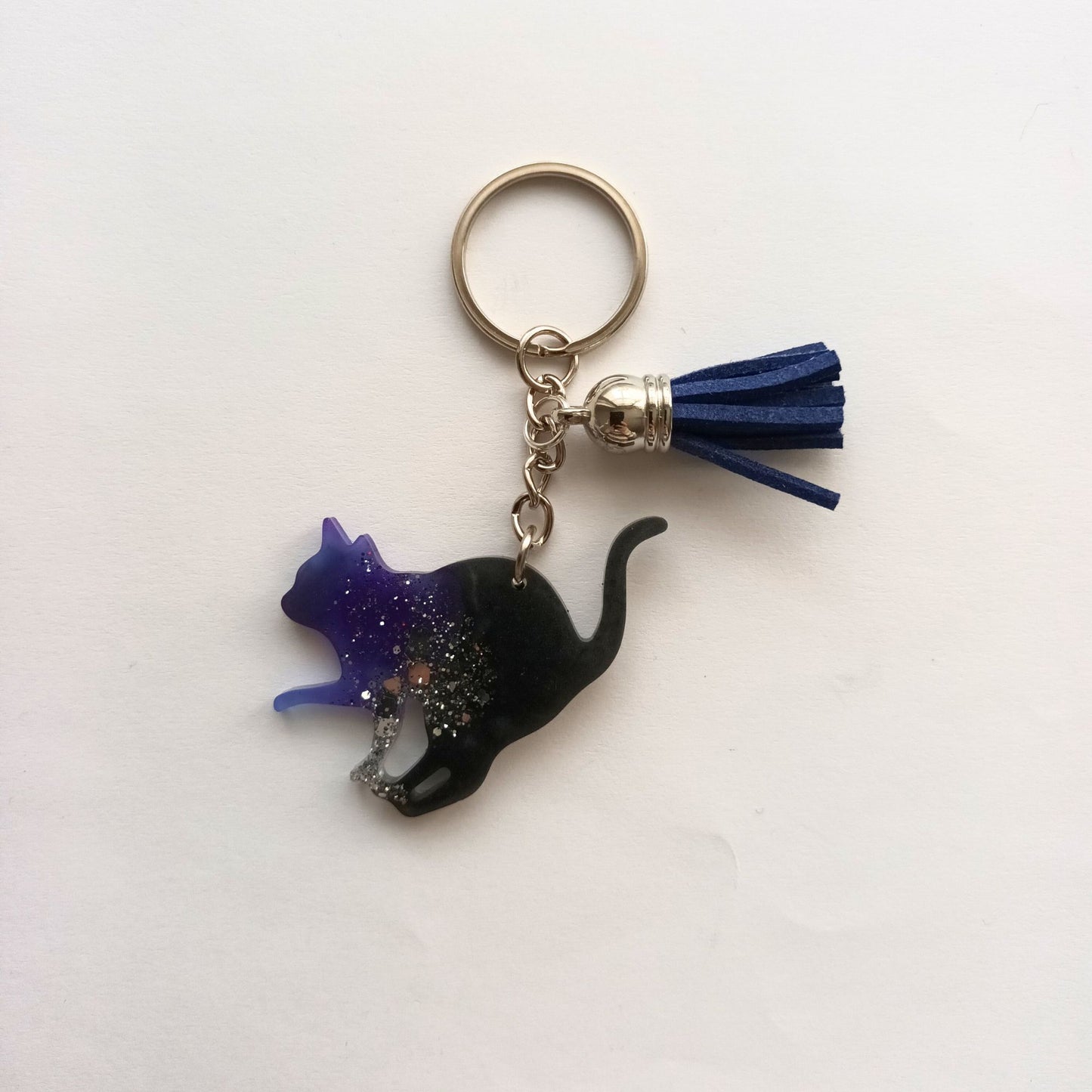 Porte-Clé Chat Noir Pailleté Galaxie Résine - Fait Main Français