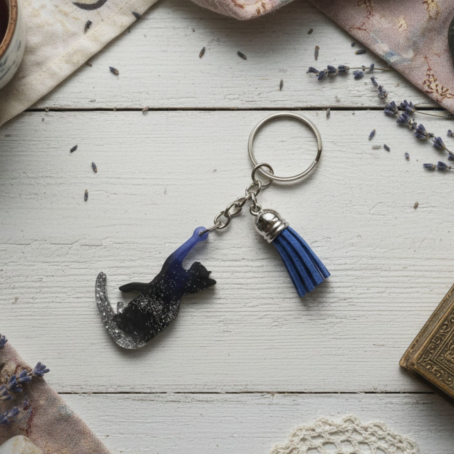 Porte-clés Chat Noir Pailleté - Résine Artisanale Fait Main