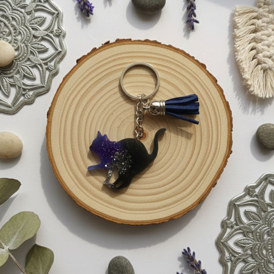 Porte-Clé Chat Noir Pailleté Galaxie Résine - Fait Main Français
