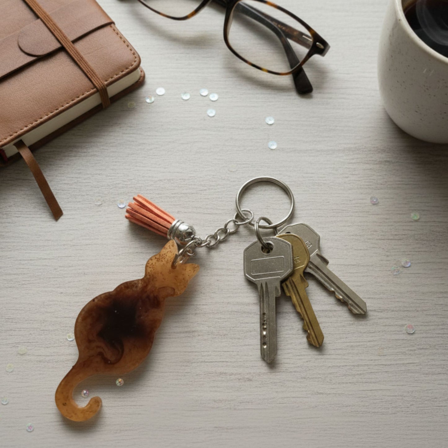 Porte-clés Chat Marbré Caramel - Résine Artisanale Fait Main