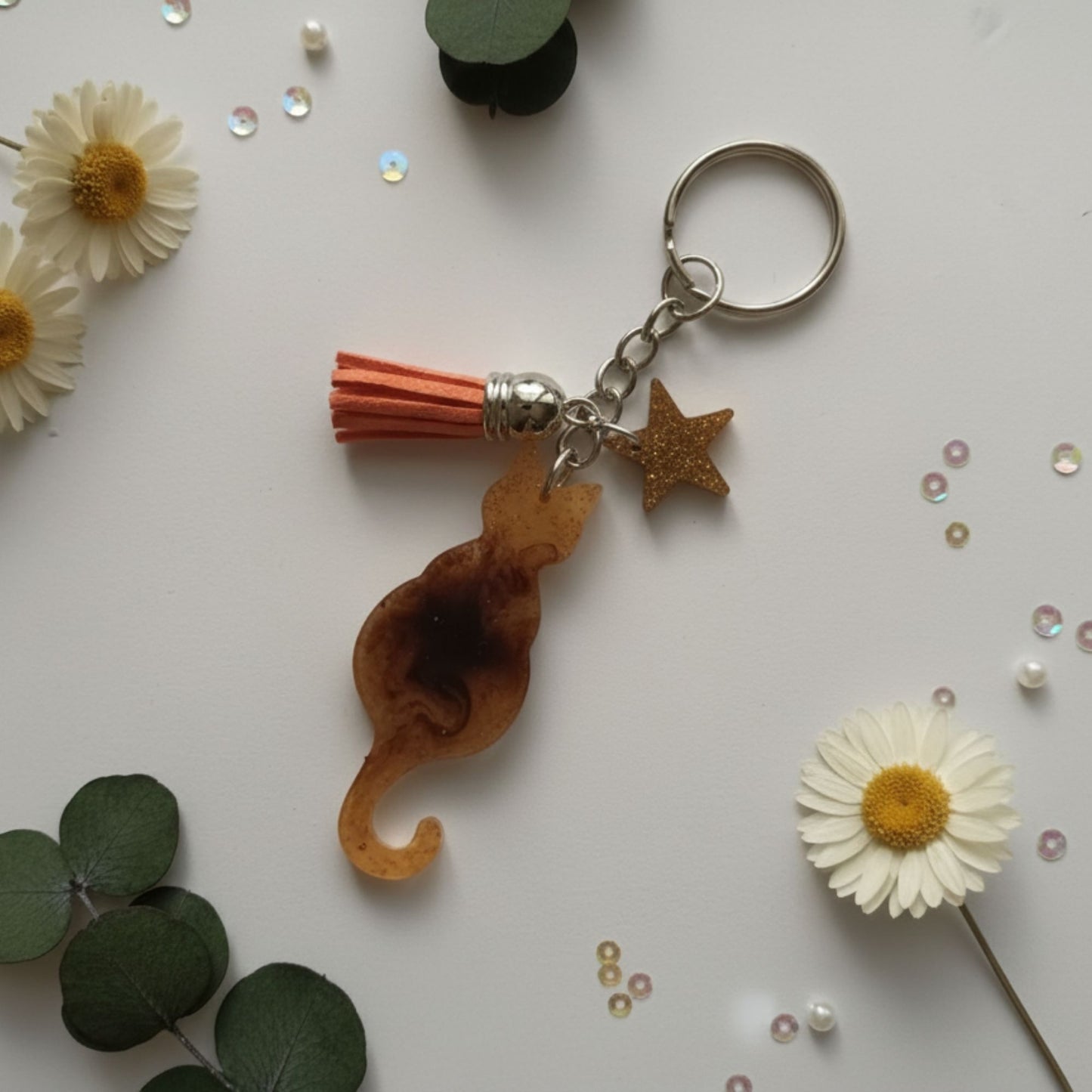 Porte-clés Chat Marbré Caramel - Résine Artisanale Fait Main