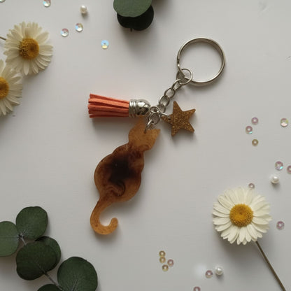 Porte-clés Chat Marbré Caramel - Résine Artisanale Fait Main
