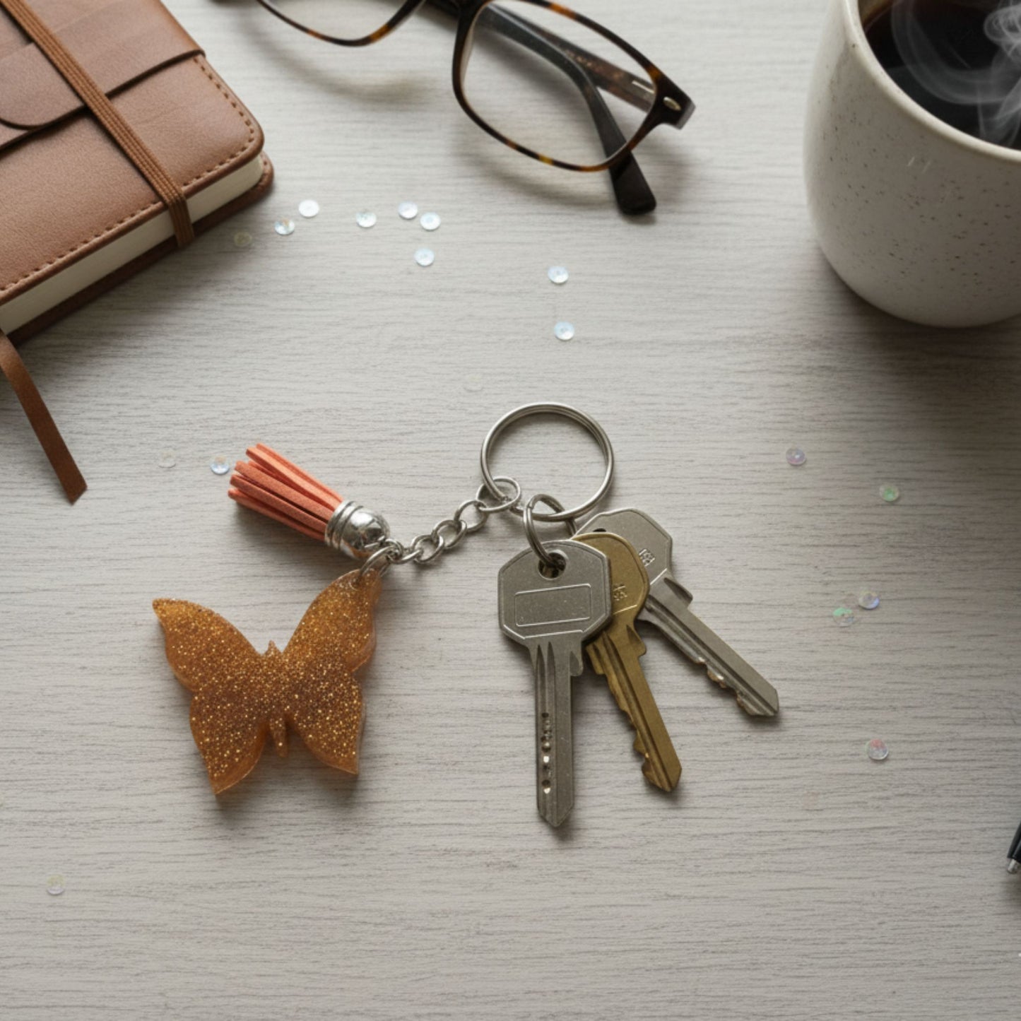 Porte-clés Papillon Doré Paillettes - Résine Artisanale Fait Main