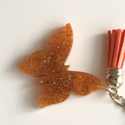 Porte-clés Papillon Doré Paillettes - Résine Artisanale Fait Main