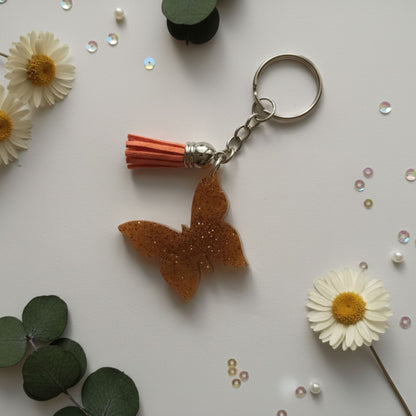 Porte-clés Papillon Doré Paillettes - Résine Artisanale Fait Main