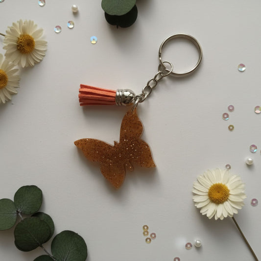 Porte-clés Papillon Doré Paillettes - Résine Artisanale Fait Main