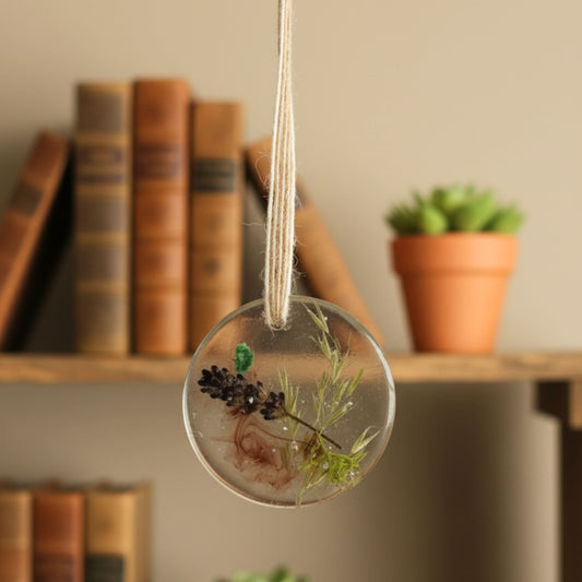 Suspension déco résine fleurs séchées nature - Rond transparent botanique 5cm - Décoration artisanale unique fait main