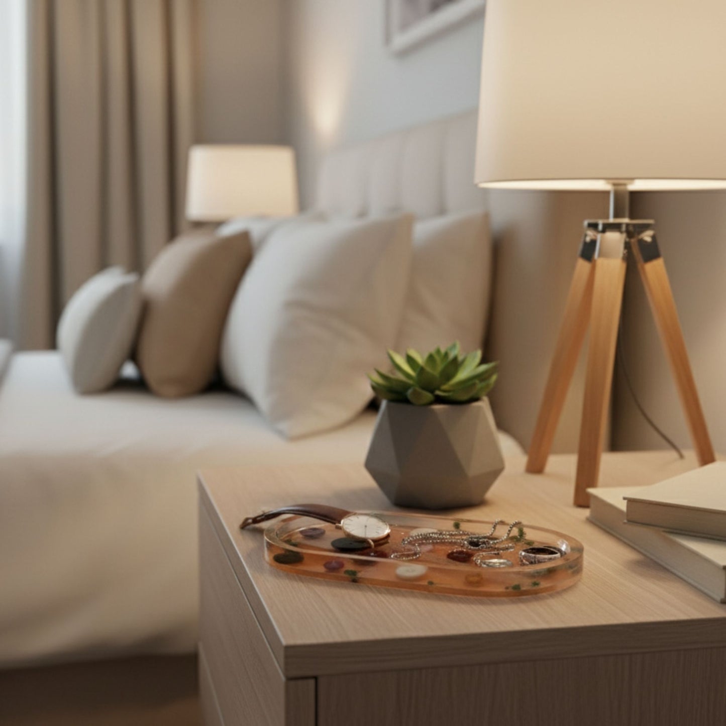 Vide-poche résine couture boutons vintage orange fleurs - Plateau ovale 18cm créatif - Accessoire artisanal unique fait main