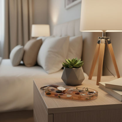 Vide-poche résine couture boutons vintage orange fleurs - Plateau ovale 18cm créatif - Accessoire artisanal unique fait main