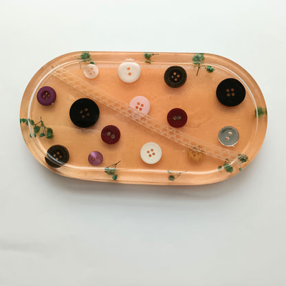 Vide-poche résine couture boutons vintage orange fleurs - Plateau ovale 18cm créatif - Accessoire artisanal unique fait main