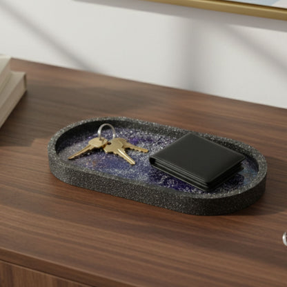 Vide-poche résine galaxie violet noir pailleté - Plateau ovale 18cm cosmique - Accessoire artisanal unique fait main