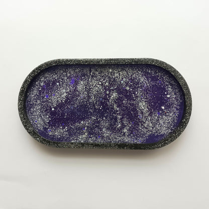 Vide-poche résine galaxie violet noir pailleté - Plateau ovale 18cm cosmique - Accessoire artisanal unique fait main
