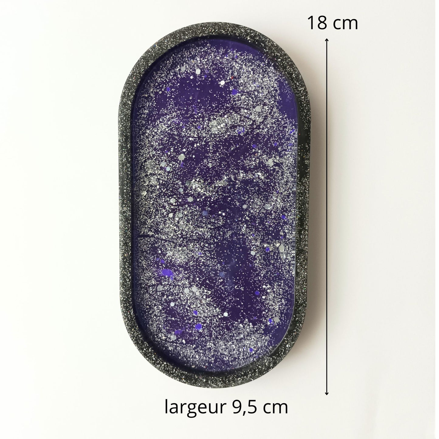 Vide-poche résine galaxie violet noir pailleté - Plateau ovale 18cm cosmique - Accessoire artisanal unique fait main