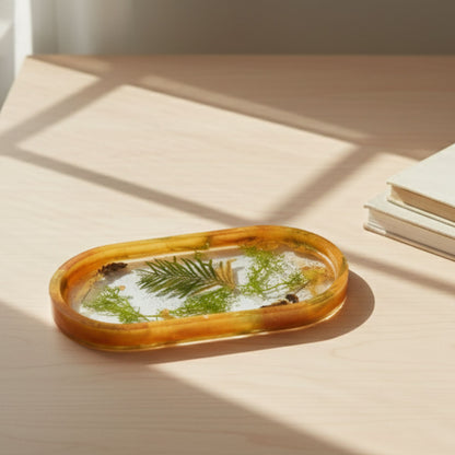 Vide-poche résine jardin botanique orange végétaux feuilles - Plateau ovale 18cm nature - Accessoire artisanal unique fait main