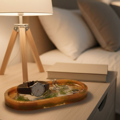 Vide-poche résine jardin botanique orange végétaux feuilles - Plateau ovale 18cm nature - Accessoire artisanal unique fait main