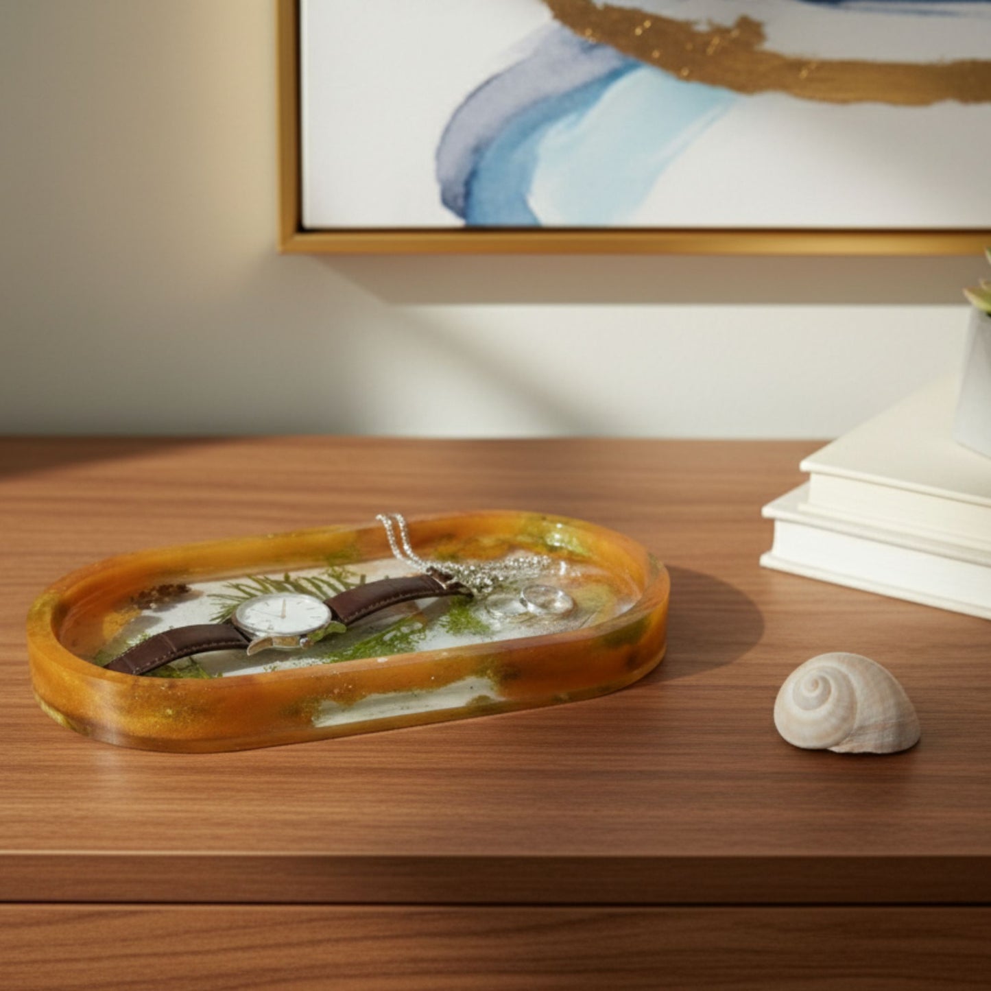 Vide-poche résine jardin botanique orange végétaux feuilles - Plateau ovale 18cm nature - Accessoire artisanal unique fait main