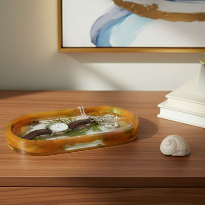 Vide-poche résine jardin botanique orange végétaux feuilles - Plateau ovale 18cm nature - Accessoire artisanal unique fait main
