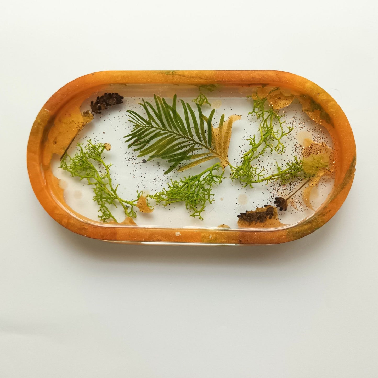 Vide-poche résine jardin botanique orange végétaux feuilles - Plateau ovale 18cm nature - Accessoire artisanal unique fait main
