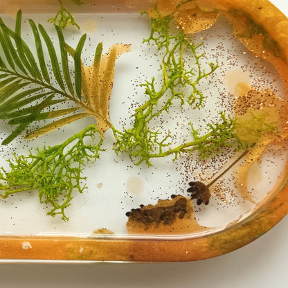 Vide-poche résine jardin botanique orange végétaux feuilles - Plateau ovale 18cm nature - Accessoire artisanal unique fait main