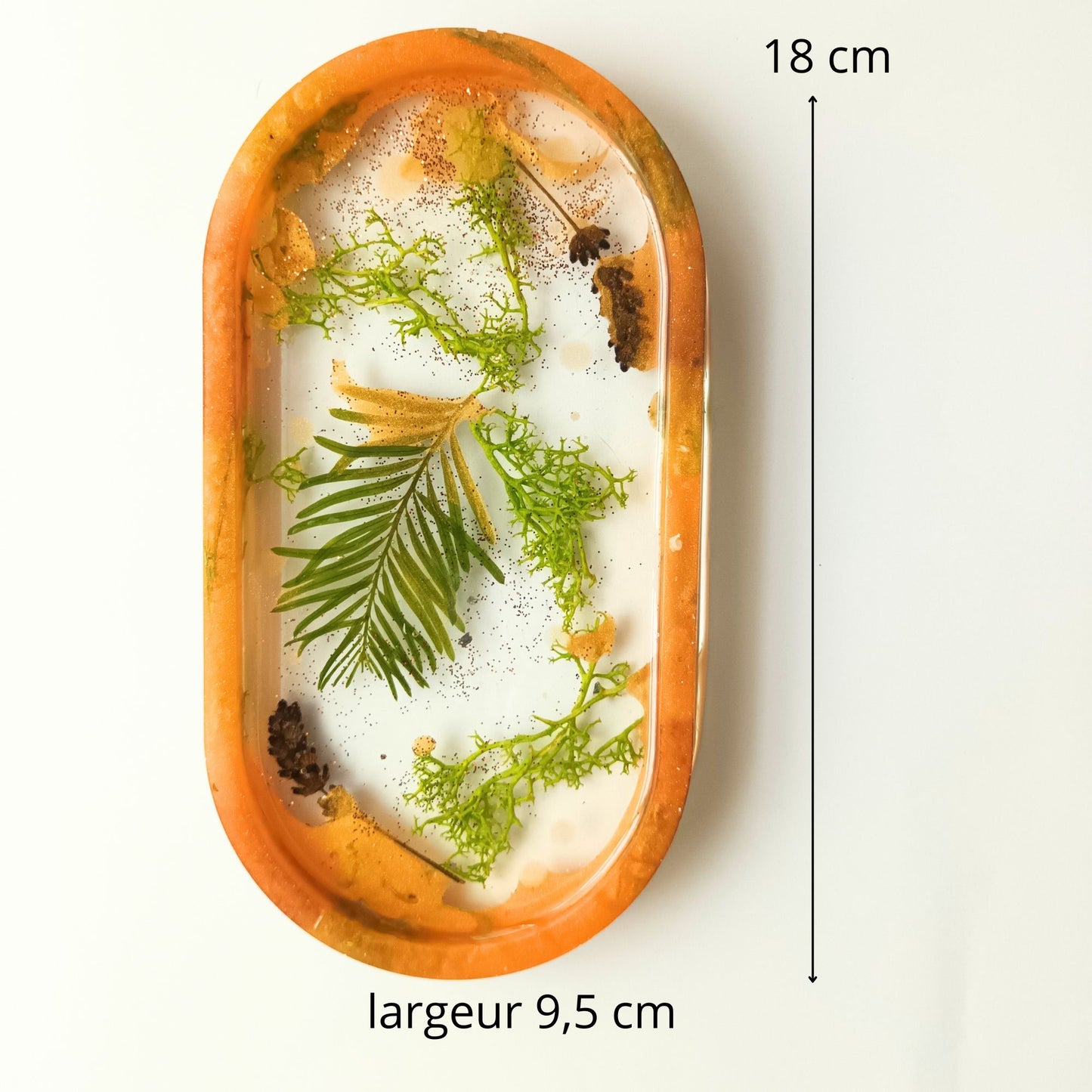 Vide-poche résine jardin botanique orange végétaux feuilles - Plateau ovale 18cm nature - Accessoire artisanal unique fait main