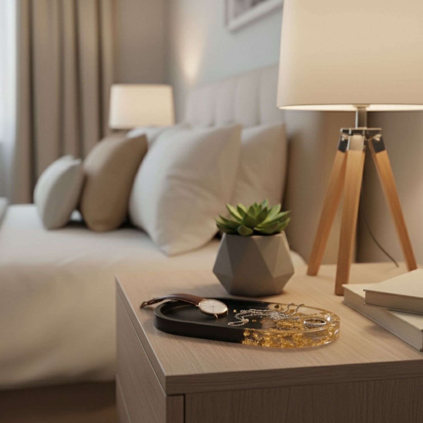 Vide-poche résine noir feuilles or doré - Plateau ovale 18cm luxe élégant - Accessoire artisanal unique fait main