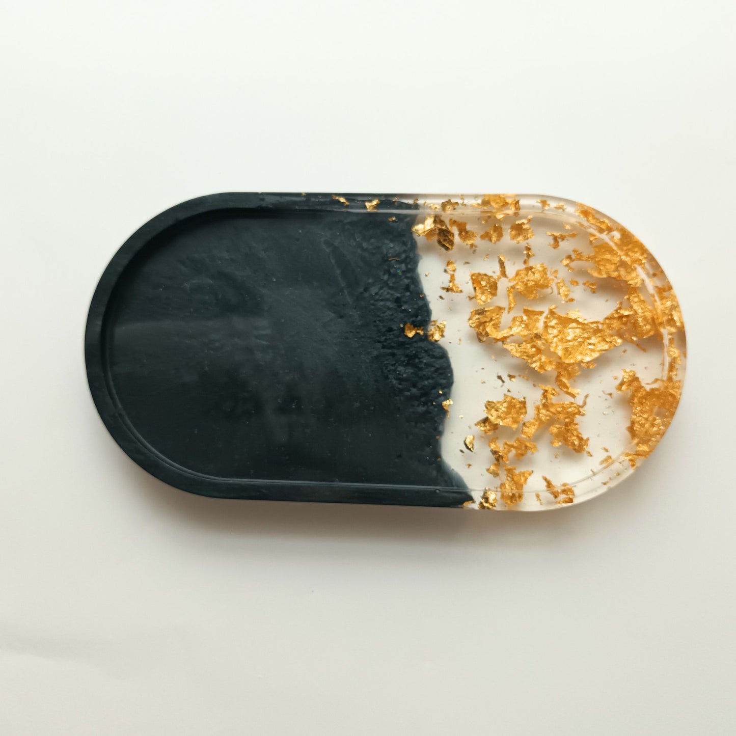 Vide-poche résine noir feuilles or doré - Plateau ovale 18cm luxe élégant - Accessoire artisanal unique fait main