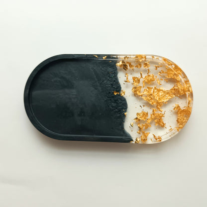 Vide-poche résine noir feuilles or doré - Plateau ovale 18cm luxe élégant - Accessoire artisanal unique fait main