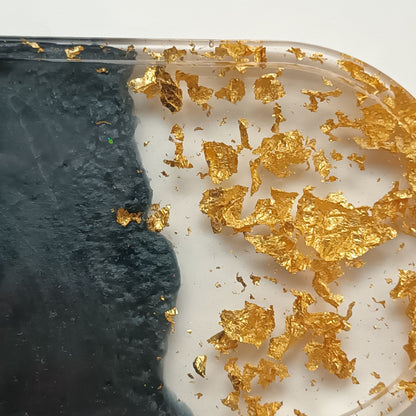 Vide-poche résine noir feuilles or doré - Plateau ovale 18cm luxe élégant - Accessoire artisanal unique fait main