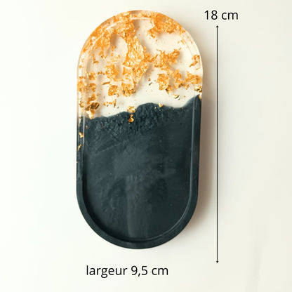 Vide-poche résine noir feuilles or doré - Plateau ovale 18cm luxe élégant - Accessoire artisanal unique fait main