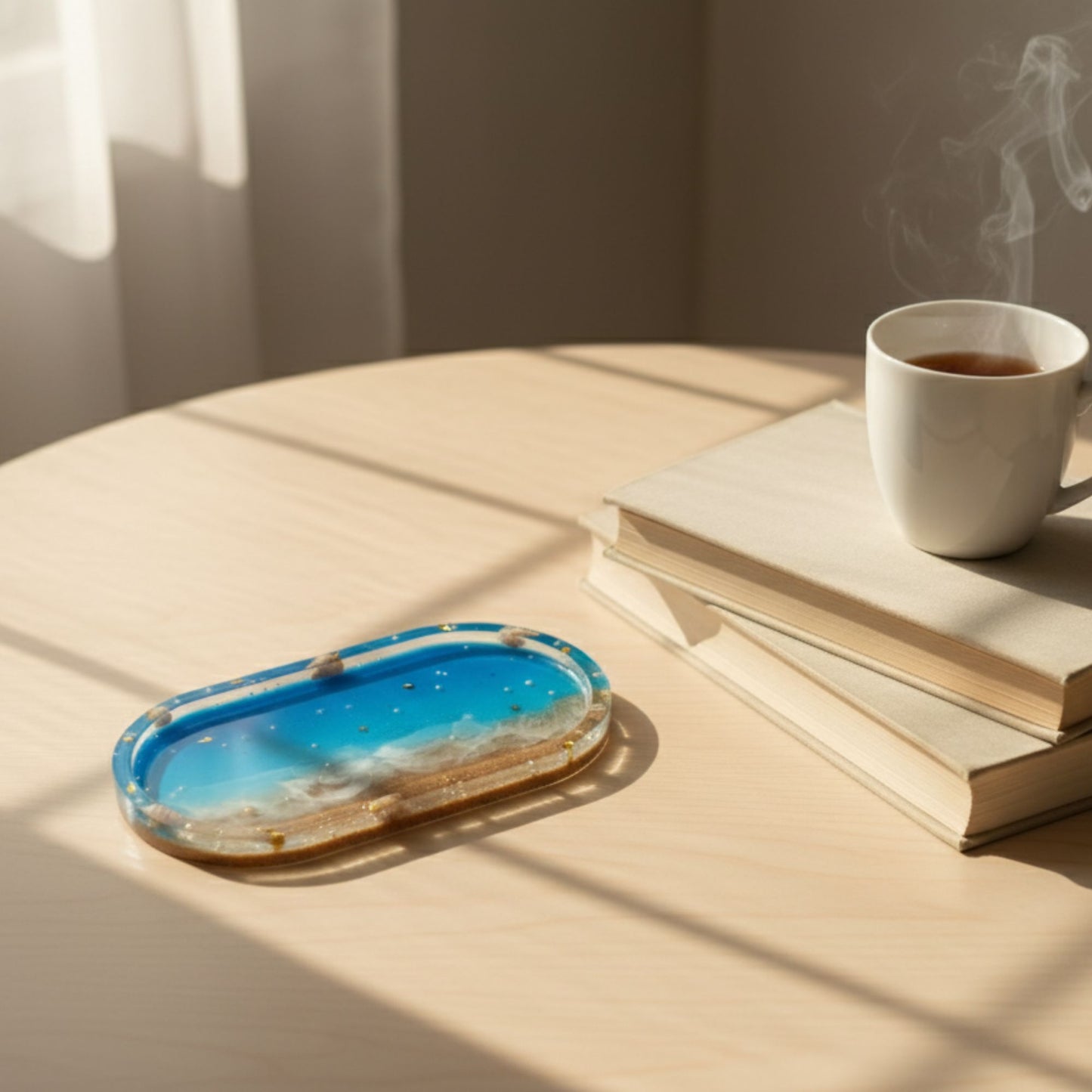 Vide-poche résine océan plage bleu sable coquillages - Plateau ovale 18cm maritime - Accessoire artisanal unique fait main