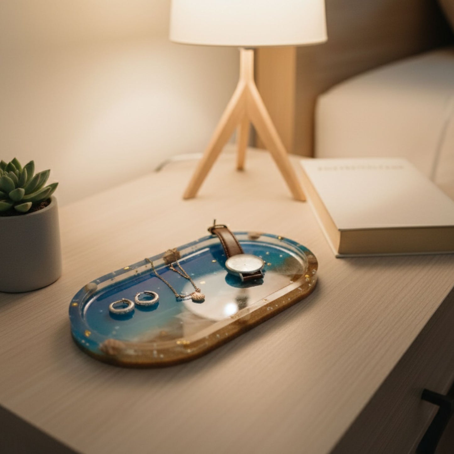 Vide-poche résine océan plage bleu sable coquillages - Plateau ovale 18cm maritime - Accessoire artisanal unique fait main