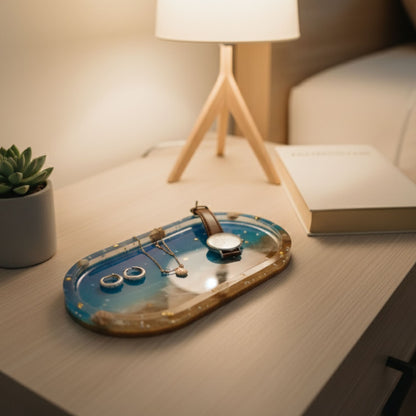 Vide-poche résine océan plage bleu sable coquillages - Plateau ovale 18cm maritime - Accessoire artisanal unique fait main