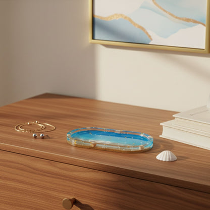 Vide-poche résine océan plage bleu sable coquillages - Plateau ovale 18cm maritime - Accessoire artisanal unique fait main