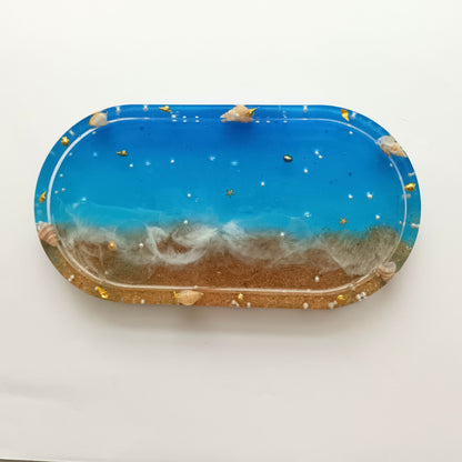 Vide-poche résine océan plage bleu sable coquillages - Plateau ovale 18cm maritime - Accessoire artisanal unique fait main