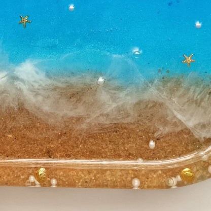 Vide-poche résine océan plage bleu sable coquillages - Plateau ovale 18cm maritime - Accessoire artisanal unique fait main