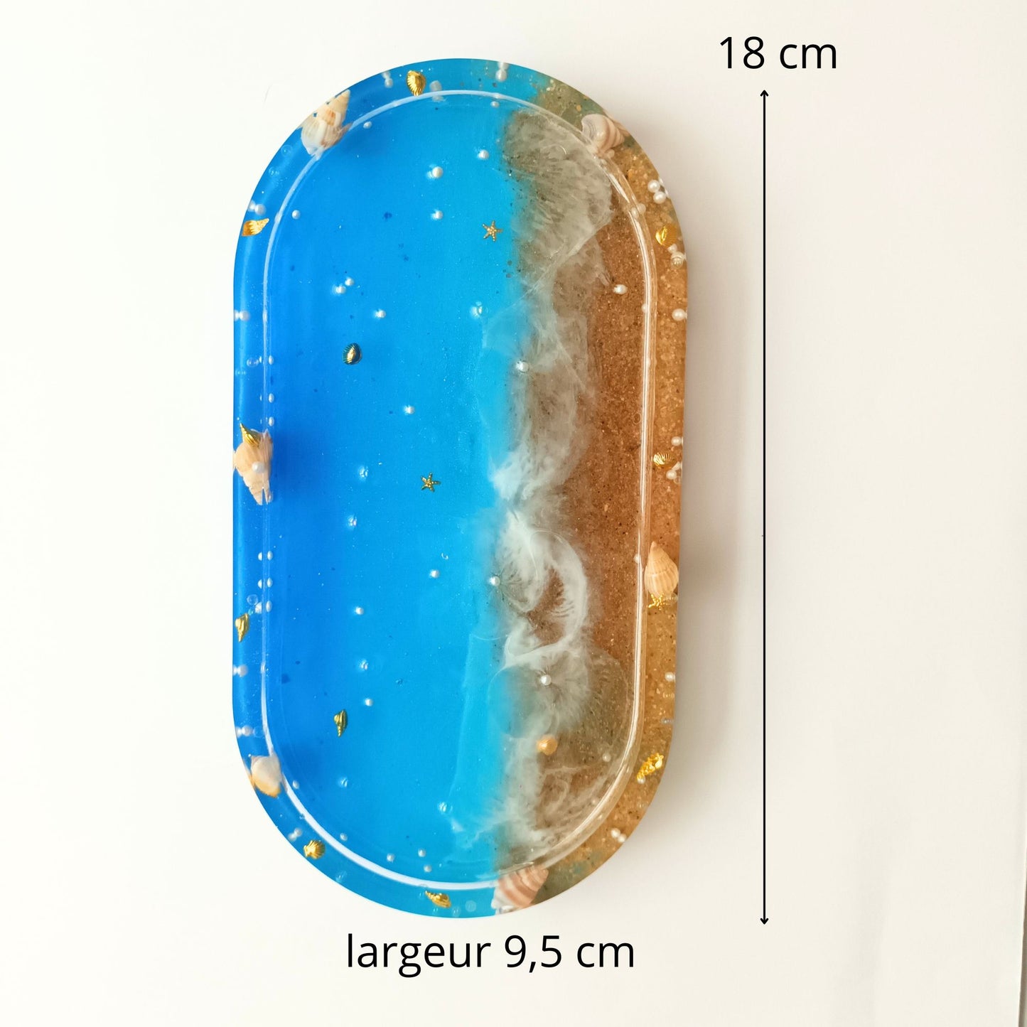 Vide-poche résine océan plage bleu sable coquillages - Plateau ovale 18cm maritime - Accessoire artisanal unique fait main